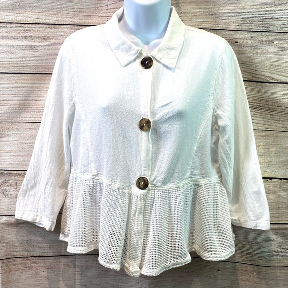 CMC Color Me Cotton Womens Top Peplum Crochet Knit Button Down SS Collar Sz S - Picture 1 of 8